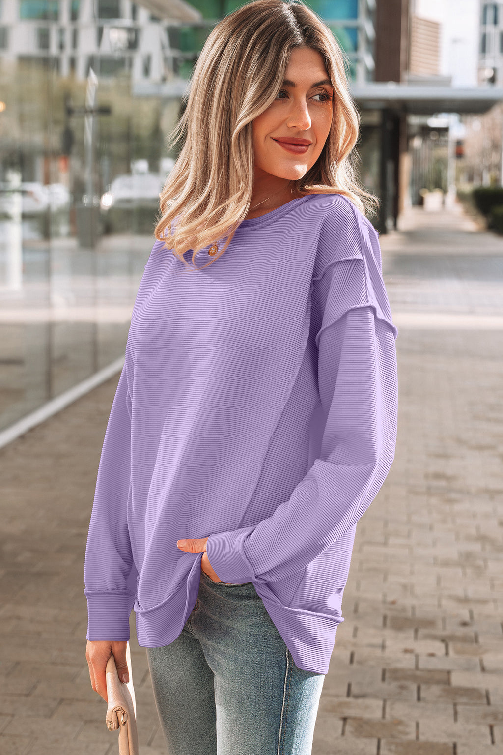 Horizontal Ribbed Exposed Seam Detail Drop Shoulder Baggy Pullover