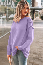Horizontal Ribbed Exposed Seam Detail Drop Shoulder Baggy Pullover