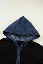 Black Ribbed Knit Contrast Denim Patchwork Hooded Long Sleeve Top