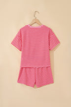 Rose Stripe Side Split Knit Tee Drawstring Shorts Set