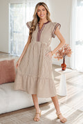 Striped Double Ruffled Short Sleeve Contrast Trim V Neck Midi Dress