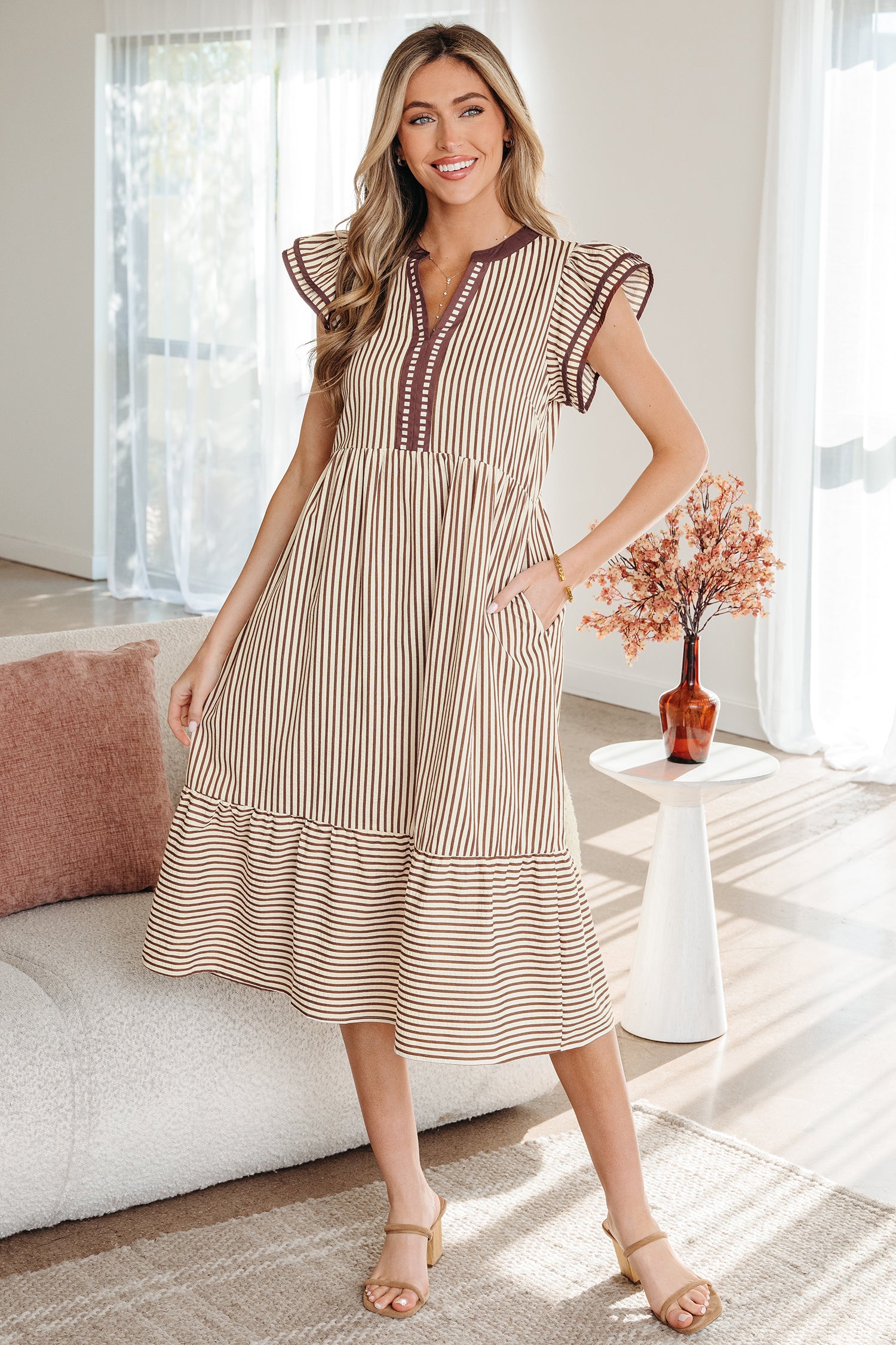 Striped Double Ruffled Short Sleeve Contrast Trim V Neck Midi Dress
