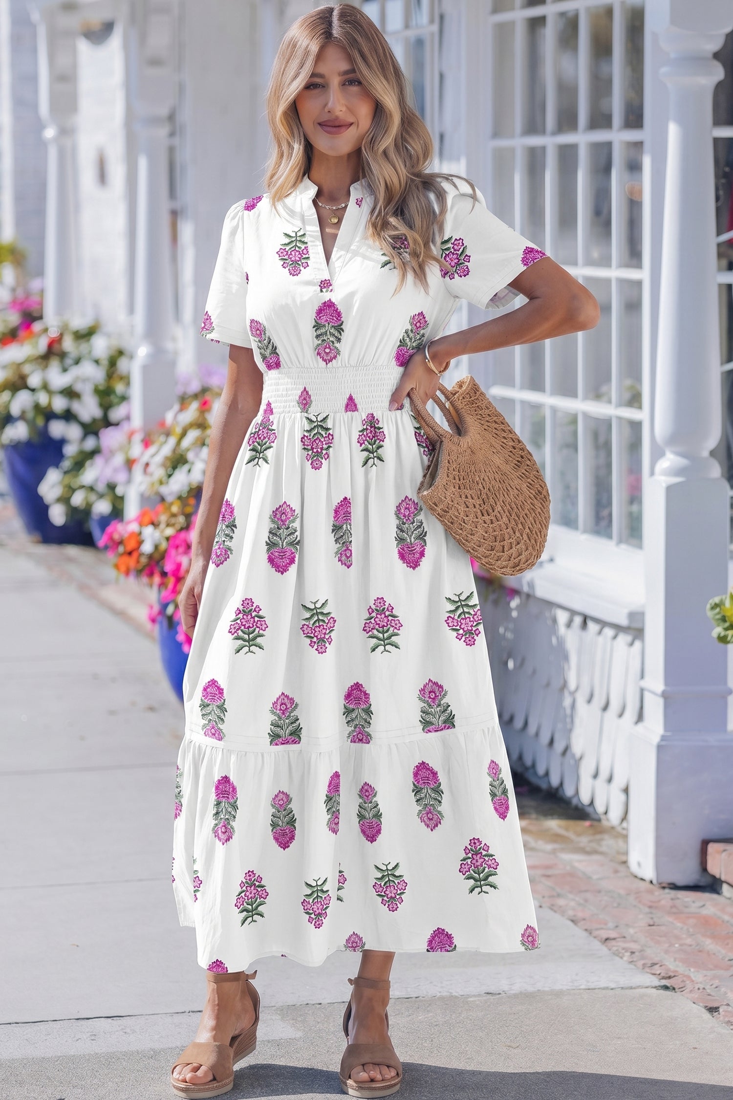 Floral Print Split Neck Shirred High Waist Ruffle Hem Maxi Dress