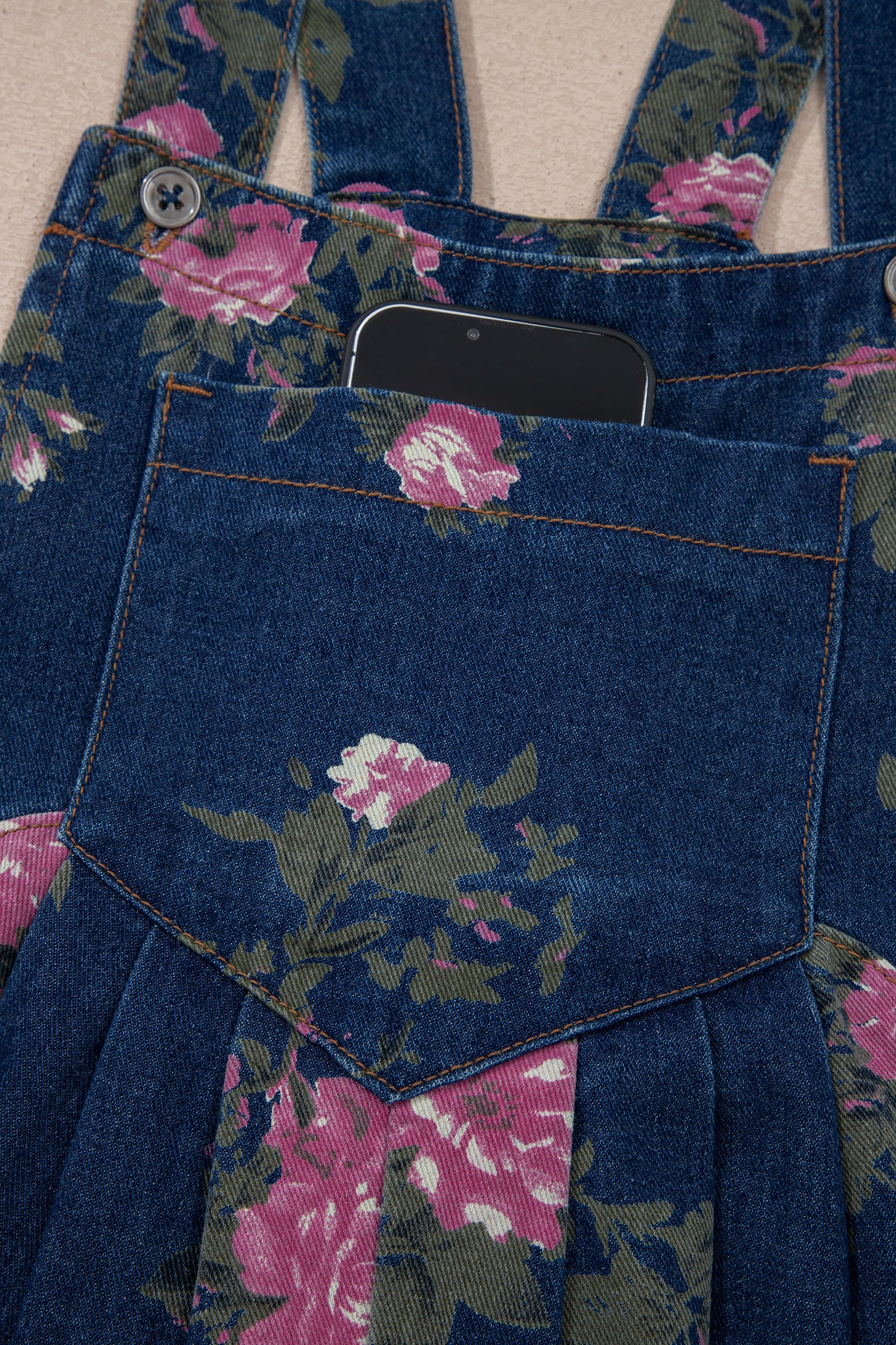 Floral Print Pleated High Waist Wide Leg Denim Jumpsuit