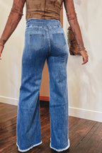 High Waist Button Fly Seamed Raw Hem Flare Jeans