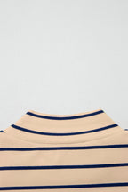 Khaki Stripe Mock Neck Short Sleeve Loose Top