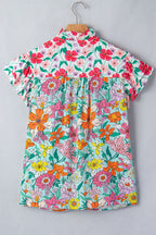Sky Blue Floral Print Split Neck Button Front Flutter Sleeve Blouse