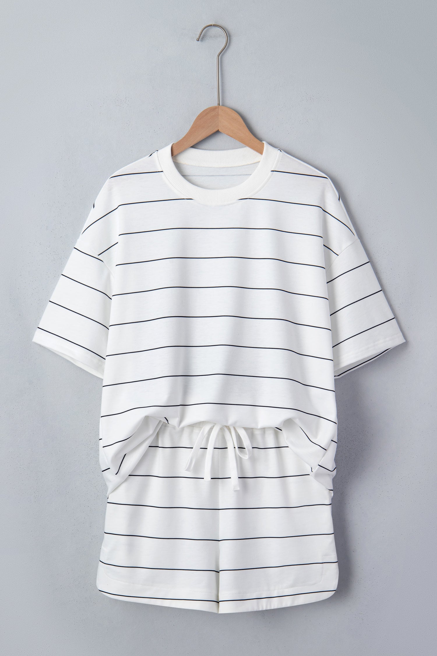 Striped Half Sleeve Tee Drawstring Shorts 2pcs Set
