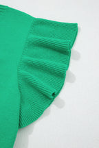 Solid Color Ribbed Trim Round Neck Ruffle Short Sleeve Sweater