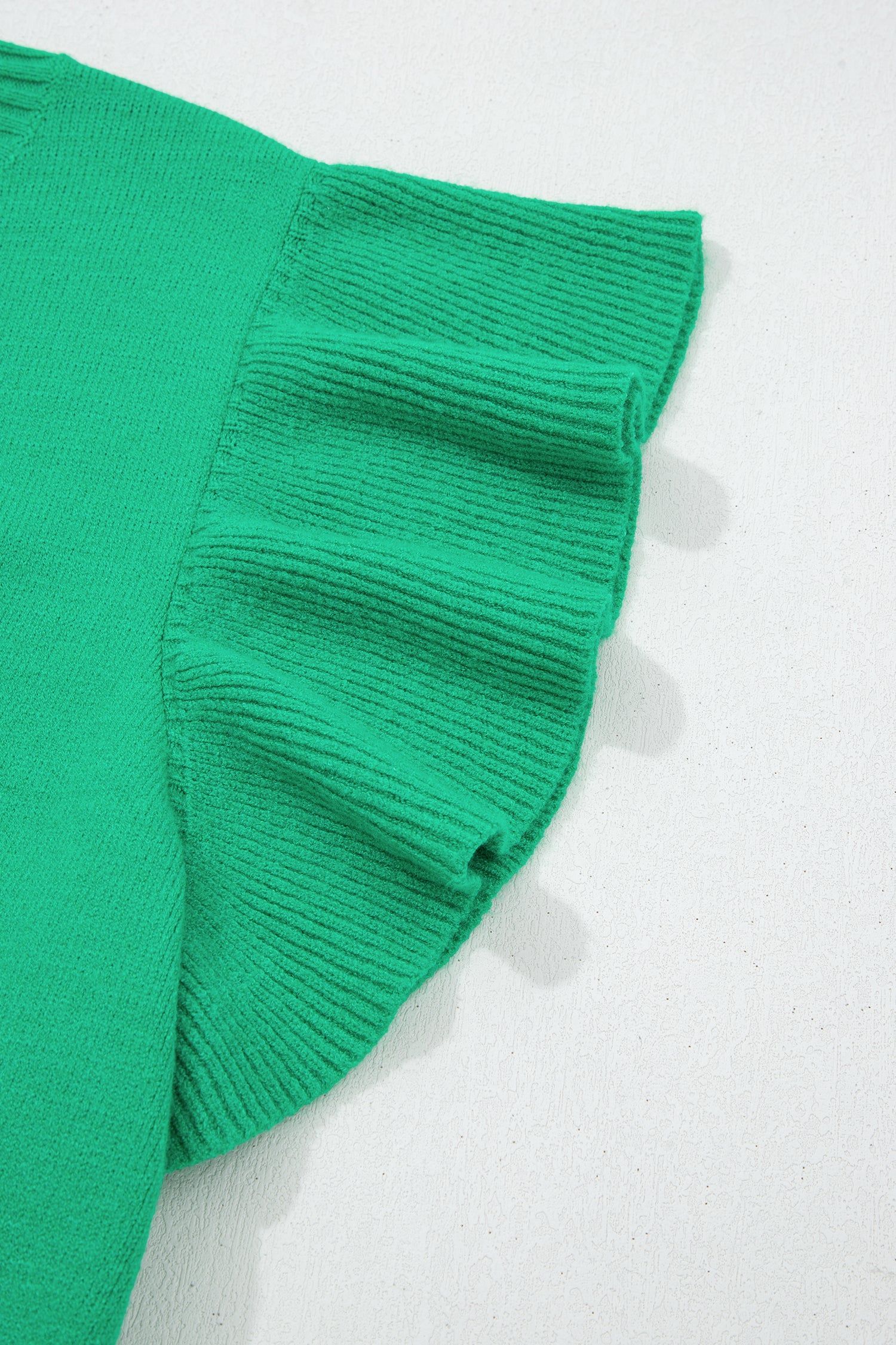 Solid Color Ribbed Trim Round Neck Ruffle Short Sleeve Sweater