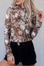 Floral Long Sleeve High Neck Sheath Mesh Blouse