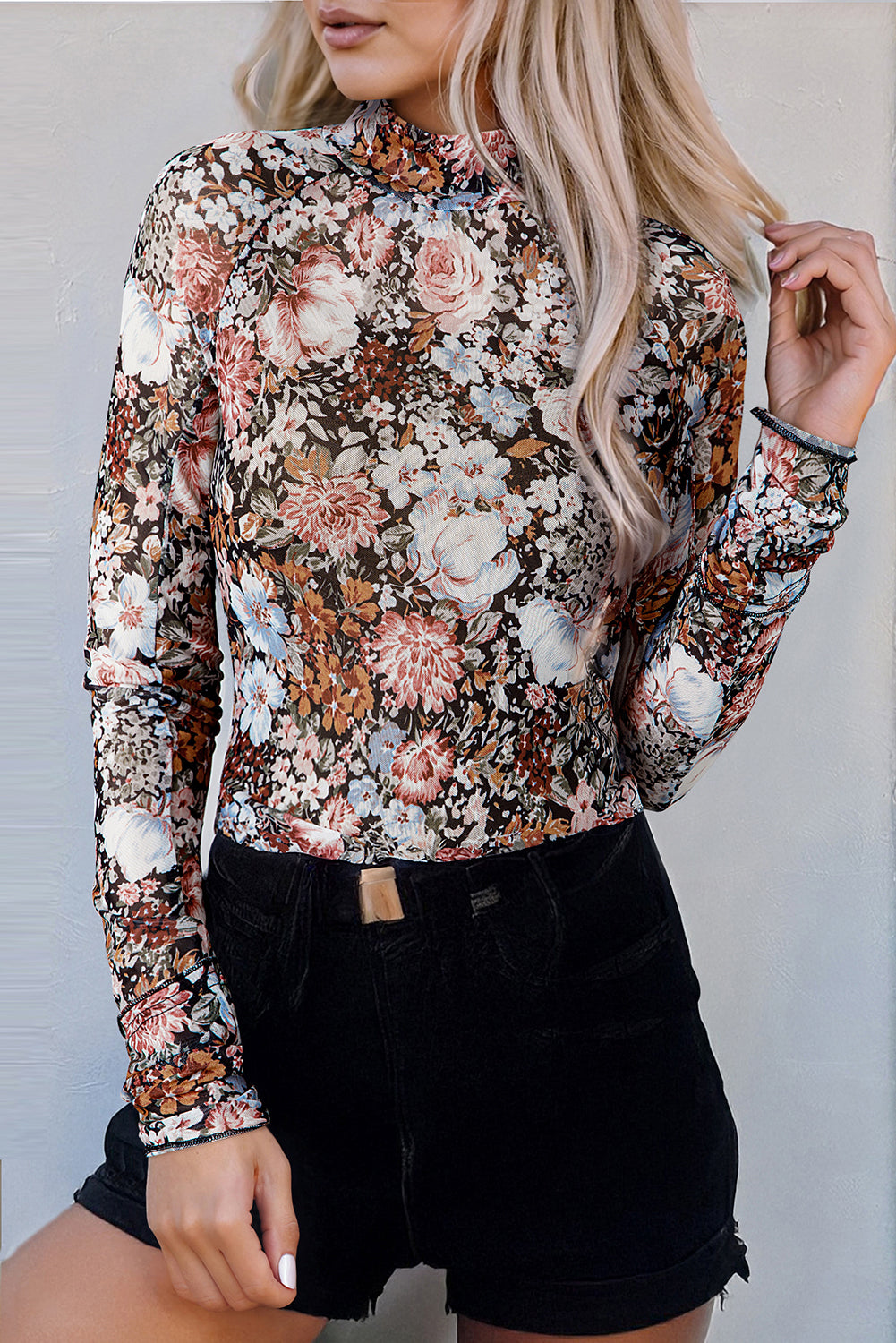 Floral Long Sleeve High Neck Sheath Mesh Blouse