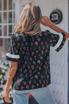 Black Contrast Frilled Trim Short Sleeve Floral Shirt