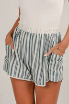 Grey Stripe Elastic Waist Cargo Pocket Casual Shorts