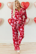 Red Sweet Bow Print Shirt Style Top Long 2pcs Pyjama Set