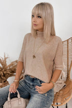 Beige High Neck Short Sleeve Knit Top Regular Wash Casual Style Sweater