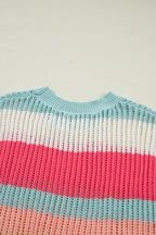 Green Stripe Color Block Hollow Out Knit Short Sleeve Sweater