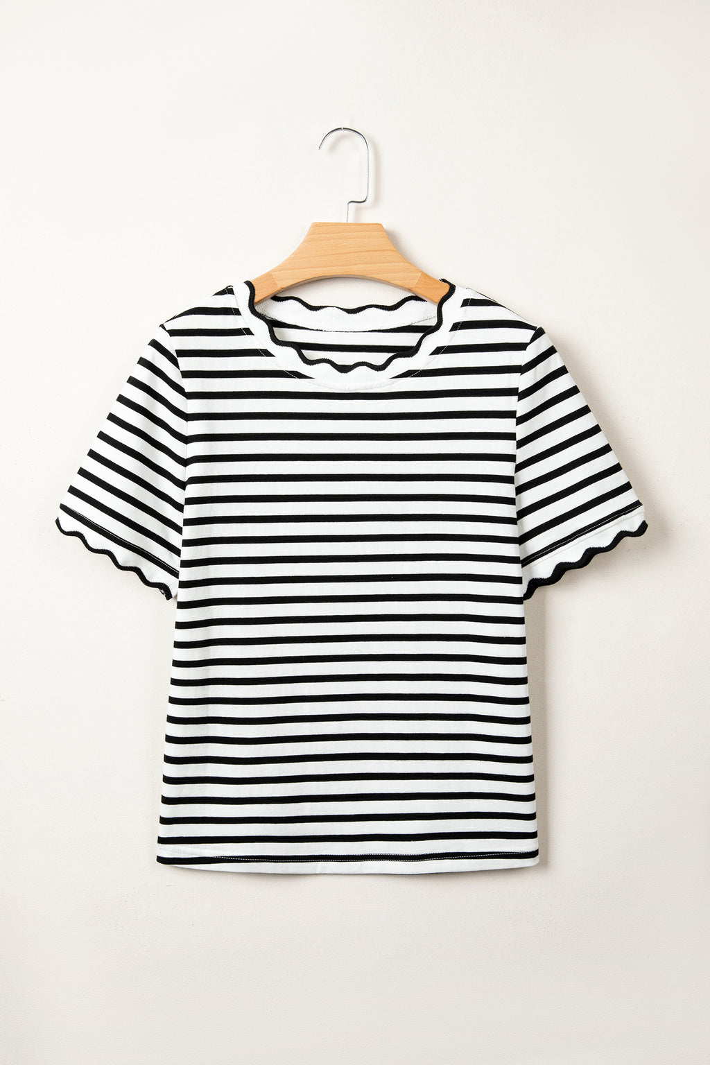 Striped Scalloped Trim Round Neck T Shirt