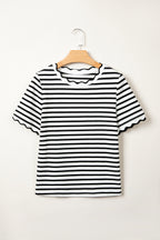 Striped Scalloped Trim Round Neck T Shirt
