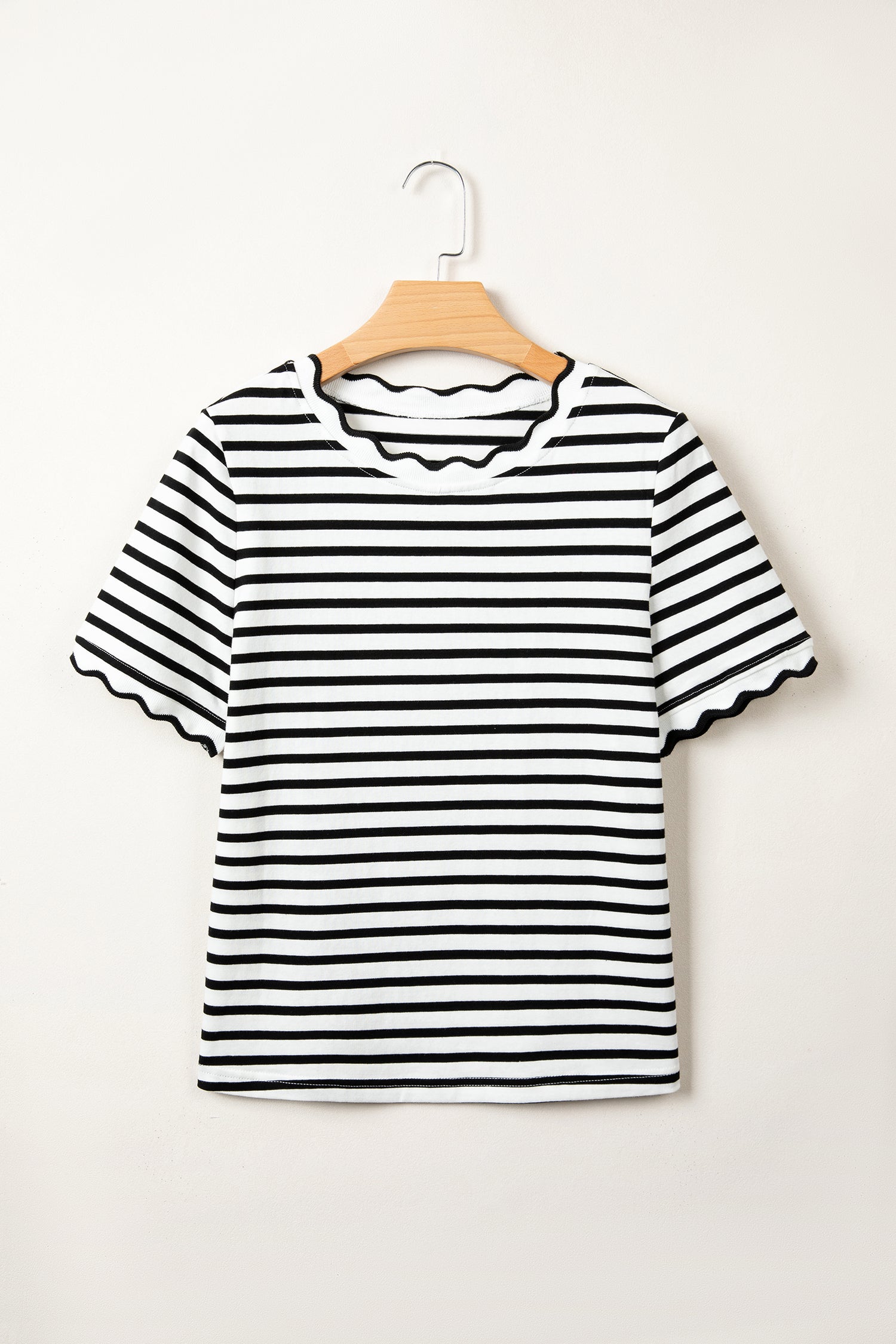 Striped Scalloped Trim Round Neck T Shirt