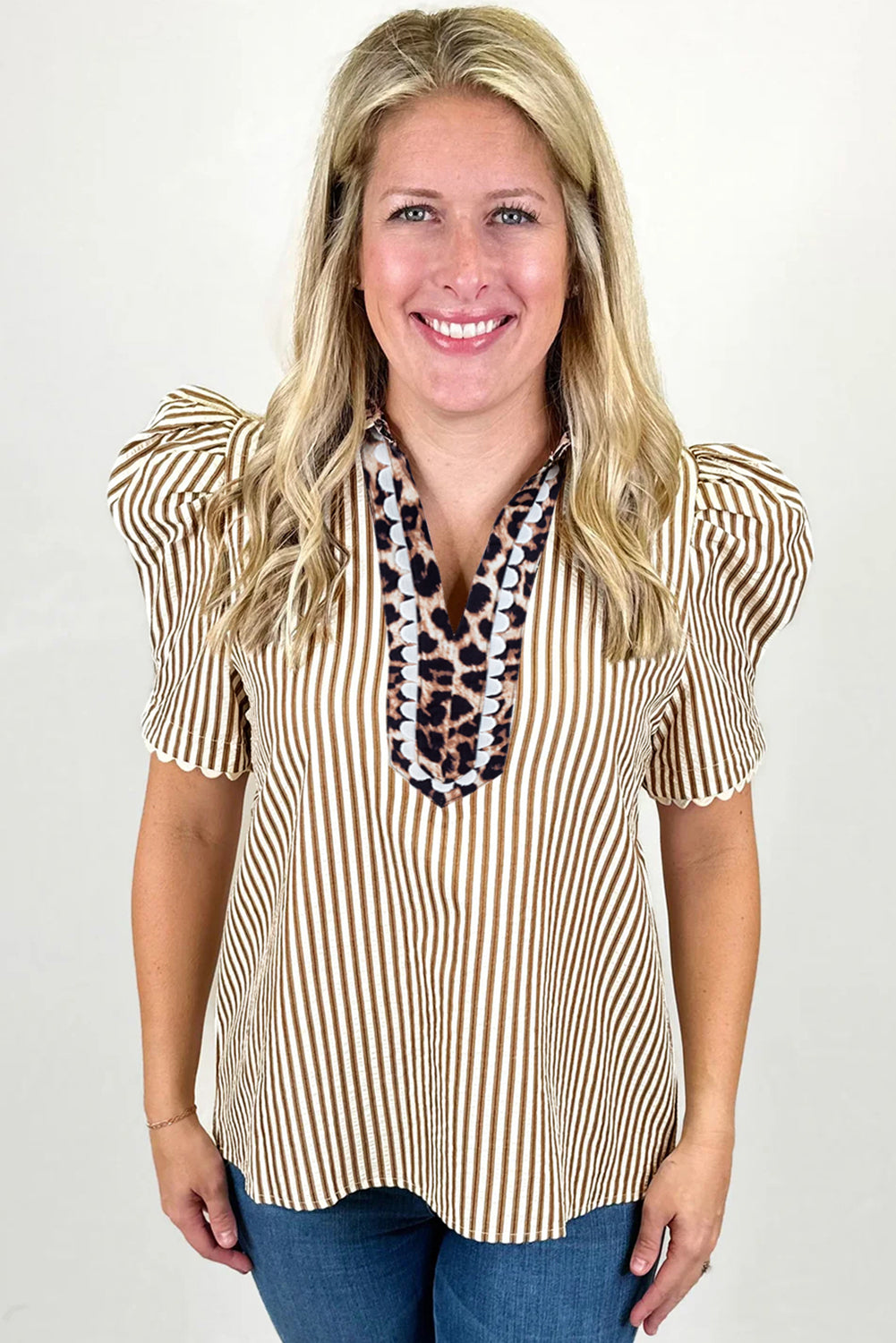 Stripe Ricrac Trim Short Puff Sleeve Leopard Patchwork Collar V Neck Blouse
