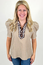 Stripe Ricrac Trim Short Puff Sleeve Leopard Patchwork Collar V Neck Blouse