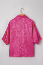 Strawberry Pink Collared V Neck Half Sleeve Metallic Top