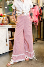 Red Stripe Contrast Lace Ribbon Tie Detail Wide Leg Pants
