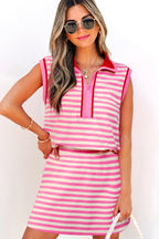 Textured Stripe Print Contrast Trim Zip Collar Sleeveless 2pcs Skort Set