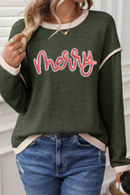 Four Leaf Clover Merry Patched Graphic Contrast Trim Christmas Knitted Long Sleeve Top