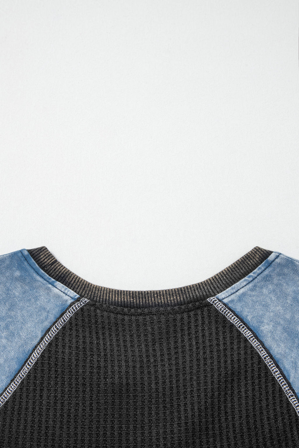 Waffle Knit Seam Detail Color Block Patchwork Short Sleeve Top