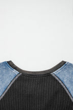 Waffle Knit Seam Detail Color Block Patchwork Short Sleeve Top