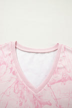 Pink Abstract Print V Neck Loose Tee Drawstring Shorts 2pcs Outfit