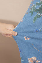 Sky Blue Retro Floral Print Frayed Hem Shift Jeans