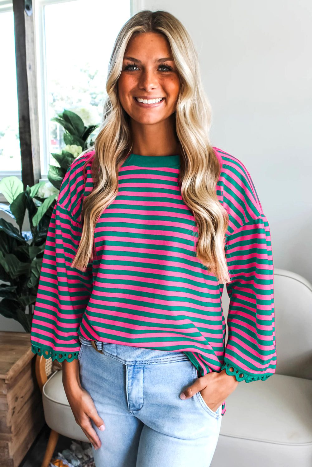 Striped Print Drop Shoulder Lace Trim Bracelet Sleeve Loose Top