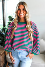 Striped Print Drop Shoulder Lace Trim Bracelet Sleeve Loose Top