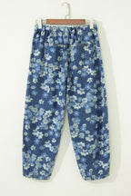 Sky Blue Dainty Floral Printed Drawstring Barrel Jeans