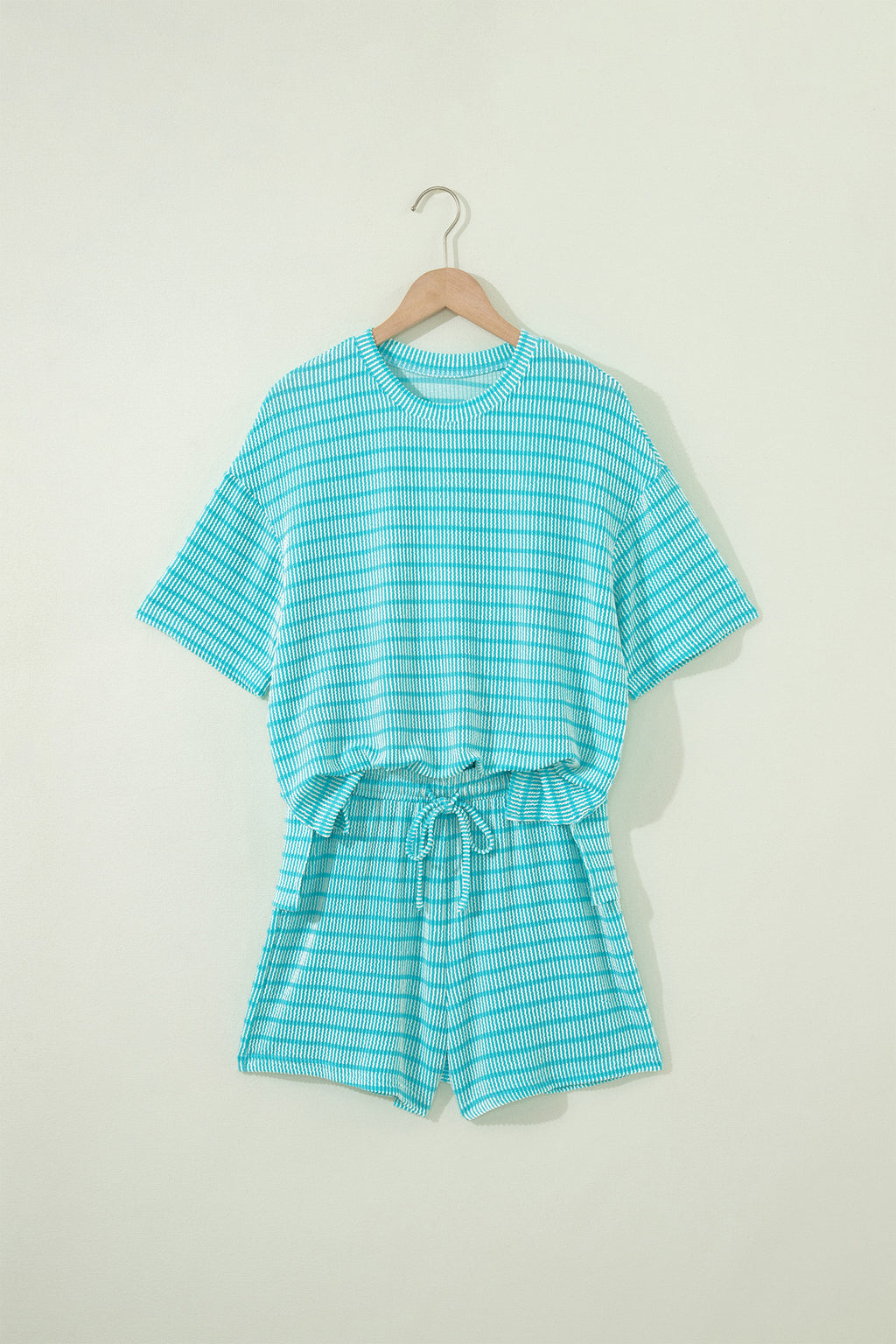 Striped Raised Rib Loose Tee Drawstring Elastic Waist 2pcs Short Set