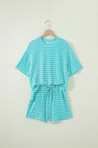 Striped Raised Rib Loose Tee Drawstring Elastic Waist 2pcs Short Set