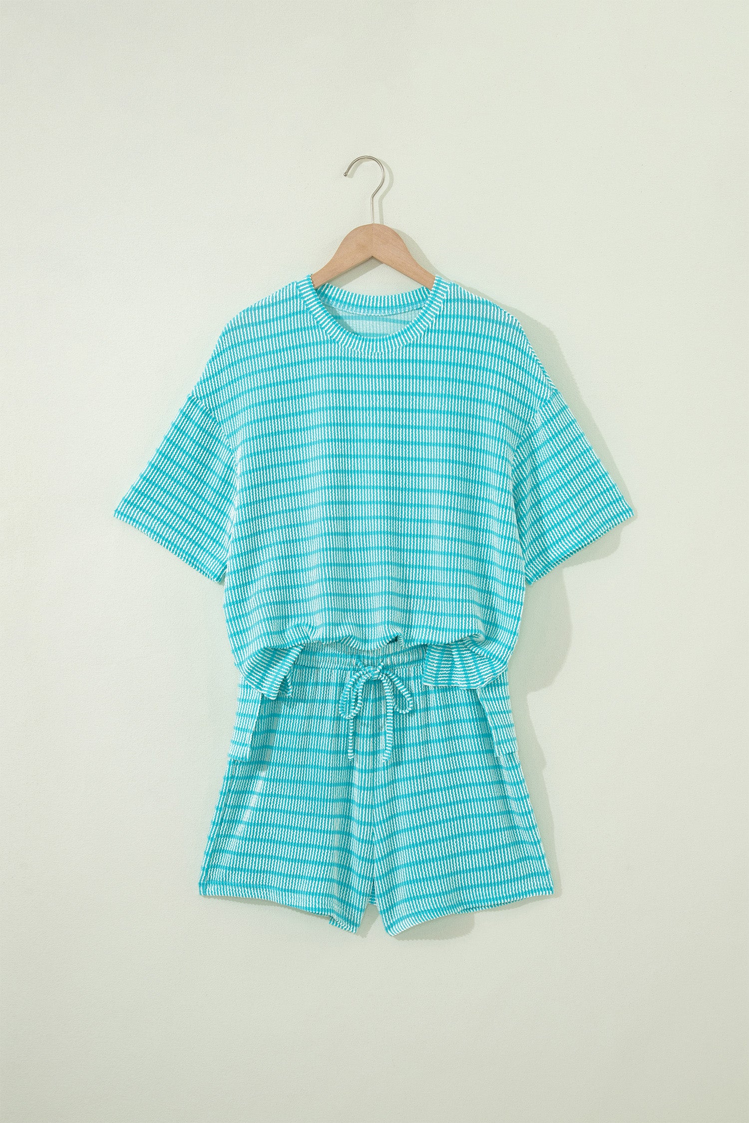 Striped Raised Rib Loose Tee Drawstring Elastic Waist 2pcs Short Set