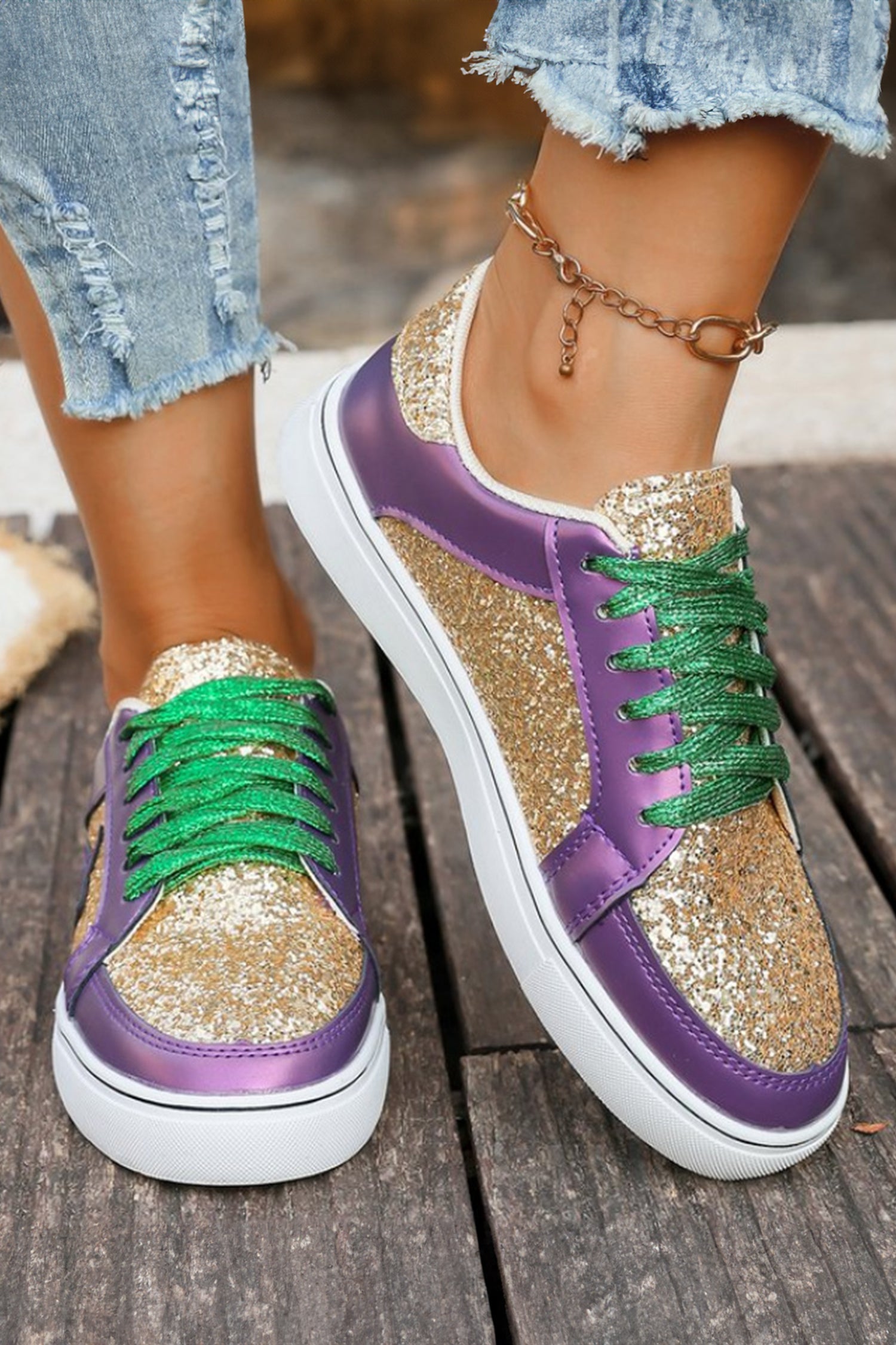 Tillandsia Purple Glitter Star Patchwork PU Leather Lace-up Sneakers