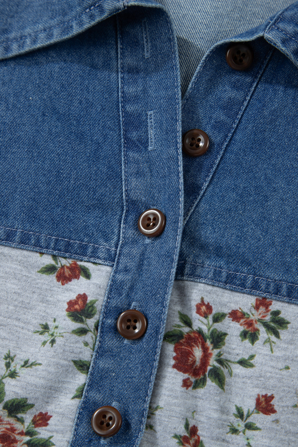 Grey Retro Floral Print Denim Patchwork Plus Size Polo Tee