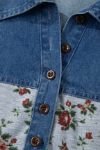 Grey Retro Floral Print Denim Patchwork Plus Size Polo Tee