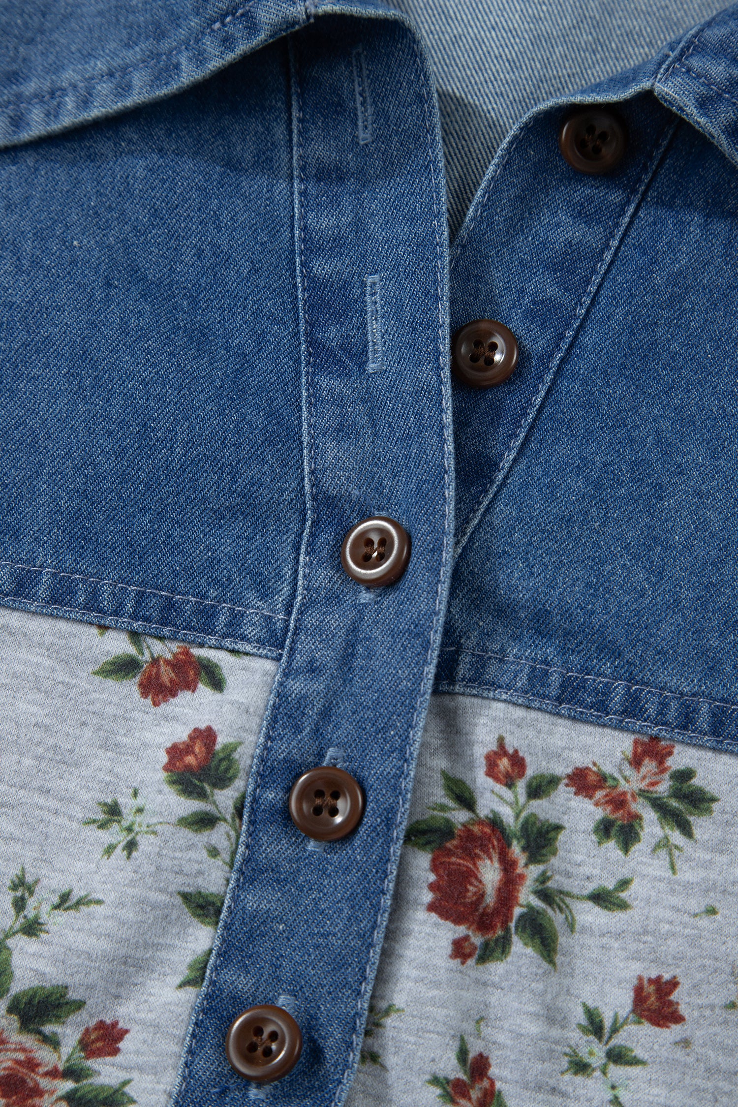 Grey Retro Floral Print Denim Patchwork Plus Size Polo Tee