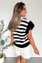 Striped Collar V Neck Ruffled Short Sleeve Blouse