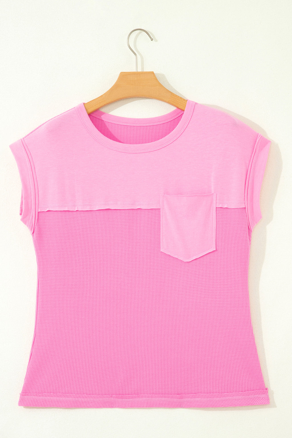 Solid Coluor Raw Seam Waffled Patchwork Casual T Shirt