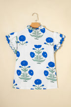 Blue Wild Flower Print Contrast Trim Scallop Detail Short Sleeve Blouse