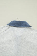 Light Grey Denim Color Block Patchwork Shirt Collar Short Sleeve Blouse