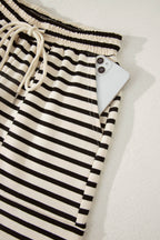 Black Stripe Ribbed Color Block Trim Zip Polo Tee Drawstring Shorts 2pcs Outfit