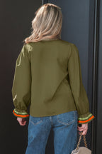 Striped Trim Ruffle Split Neck Long Sleeve Blouse